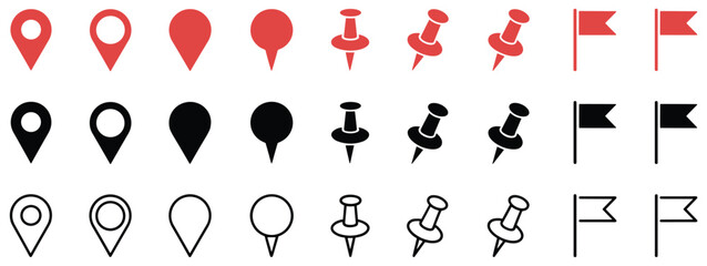 Location Icons Collection: A set of various map pointers, pins, and flags, each with a different design style and color. travel marker, route marker, directional symbol, pinpointing location. © SHUVO