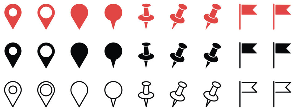 Location Icons Collection: A set of various map pointers, pins, and flags, each with a different design style and color. travel marker, route marker, directional symbol, pinpointing location.