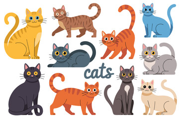 Obraz premium Playful Cats Collection: A collection of various cat breeds in different colors, capturing their charm. Animal Illustration, Domestic animals, adorable cat design, various cat pose.