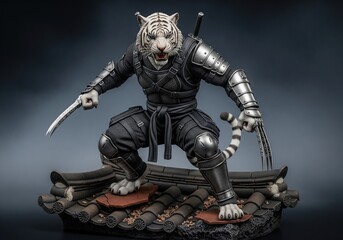 Fototapeta premium Anthropomorphic white tiger ninja warrior with metal claws crouching on traditional roof