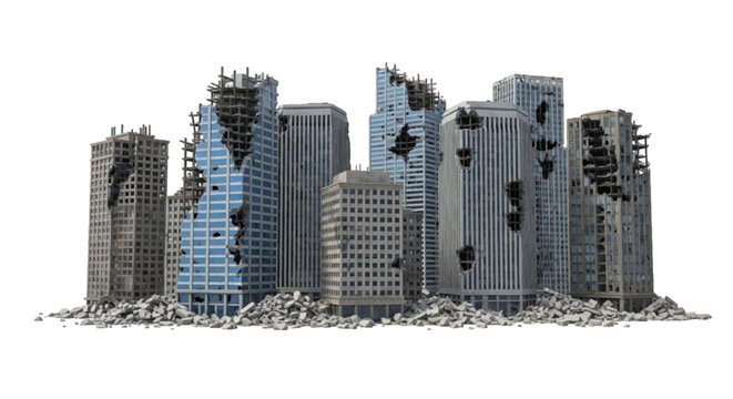 Vector illustration&nbsp;of destroyed city skyline with ruined skyscrapers on a transparent background