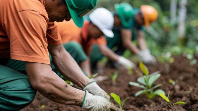 Dedicated Workers Engaged in Reforestation Efforts by Planting Young Saplings in a Lush Green Forest Environment with a Focus on Sustainability and Community Engagement