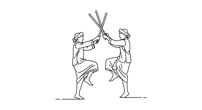 Two People Practicing Stick Fighting in Traditional Attire.