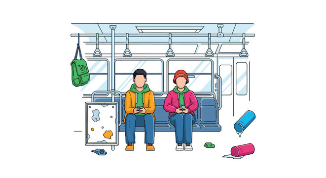 Two passengers sit distantly from each other inside a slightly messy subway car during their daily public transit commute.