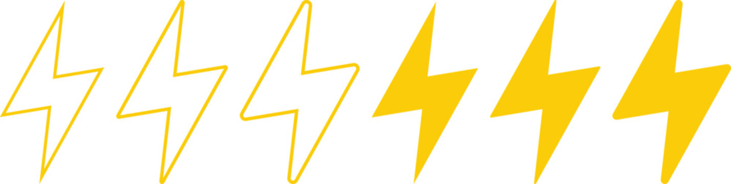 Lightning bolt icon set. Electric energy and power surge symbols. Atmospheric electricity and weather flash icons. Lightning bolt and charging status sign