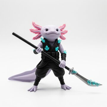 Anthropomorphic axolotl ninja warrior holding polearm weapon isolated on white background