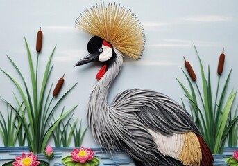 Obraz premium Paper quilling grey crowned crane bird with golden crest standing in pond with water lilies