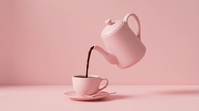 Surreal levitating pink teapot pouring dark coffee into matching cup.
