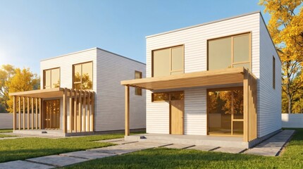 Fototapeta premium Two modern white minimalist cubic houses with wooden pergolas and green lawn under a clear blue sky in autumn.