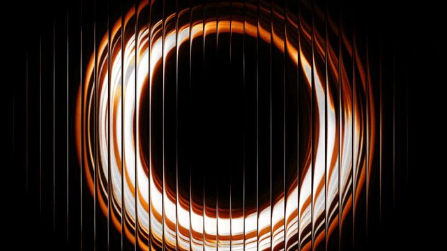 Ribbed abstract orange circular light streaks create a dynamic visual pattern with vertical segments forming an artistic glowing ring design effect