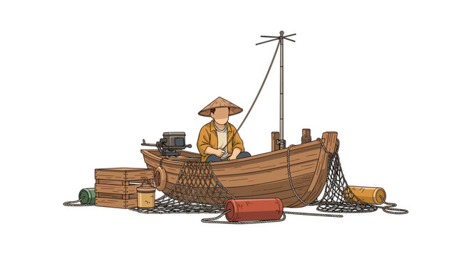 A detailed illustration of a traditional Asian fisherman in a conical hat sitting in a wooden boat filled with nets and fishing gear.