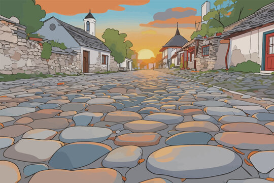 Cobblestone Street in Vintage Village at Sunset