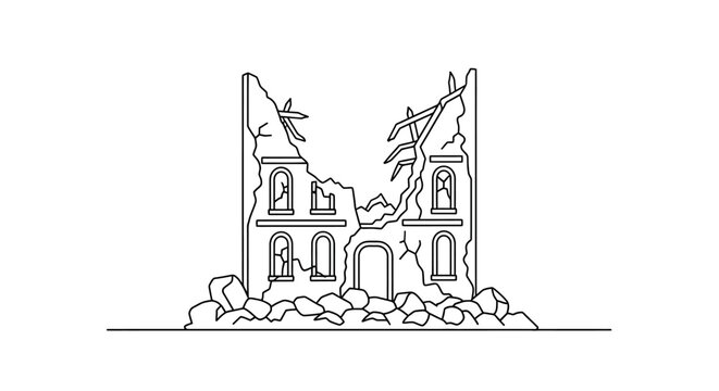 Damaged house with broken windows and walls.