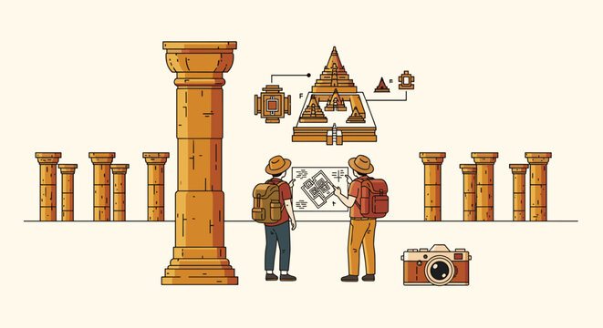 Two tourists with backpacks consult a map while exploring ancient temple ruins with large stone columns, depicted in a clean line art style.