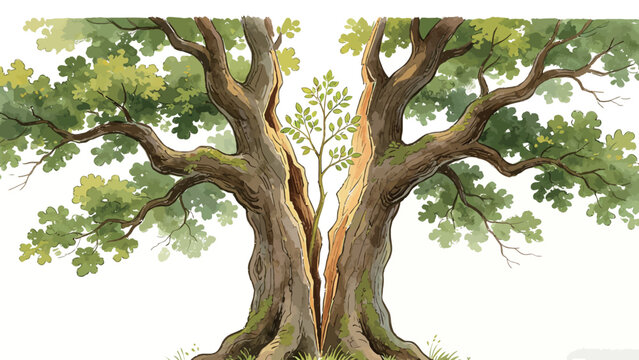 Watercolor Illustration of an Ancient Split Oak Tree Hosting a Young Sapling Growing Within Its Trunk, Symbolizing New Growth and Regeneration