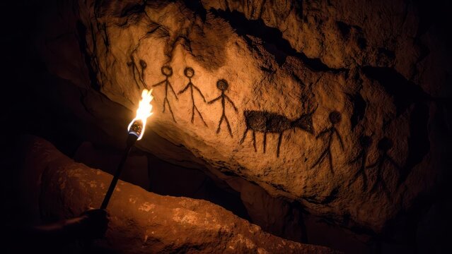 Ancient Cave Paintings with Torch and Human Figures in Darkness