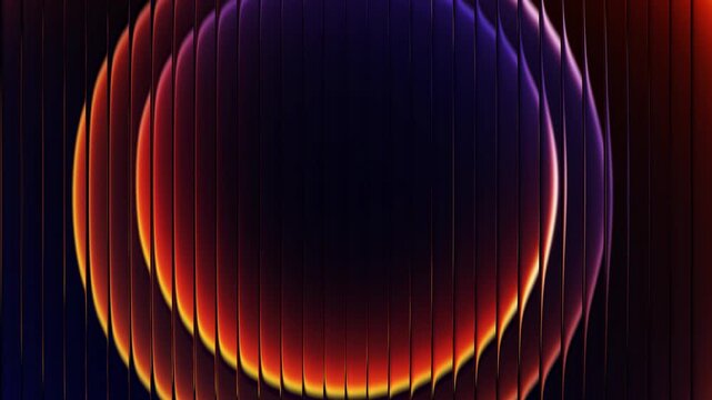 Liquid glass abstract glowing circular ring structure with vibrant orange and purple light gradients behind vertical slats creates a modern artistic display
