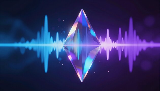 Reflective crystal prism centered against a colorful blue and purple audio waveform visualization, glowing neon light effects and floating particles