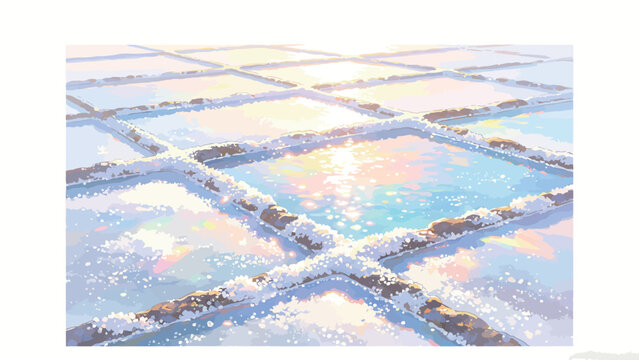 Sunlit Geometric Salt Pans Glittering Under Golden Dawn Light, Soft Dreamy Watercolor Anime-style Illustration with Pastel Rainbow Reflections on Calm Brine