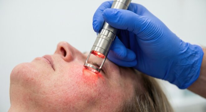 Dermatologist performing laser treatment for rosacea on patient cheek