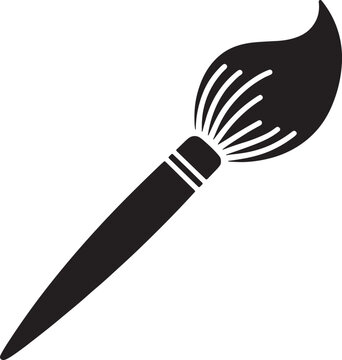 Black and white of a paintbrush with a curved handle and fanned bristles painting
