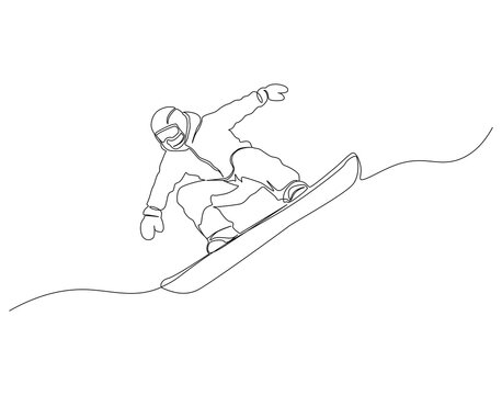 Snowboarding continuous line. Continuous one line drawing of snowboarding. Extreme sport concept. Single line drawing