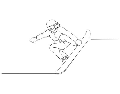 Snowboarding continuous line. Continuous one line drawing of snowboarding. Extreme sport concept. Single line drawing