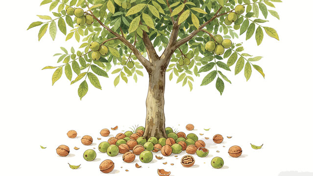 Watercolor Illustration of a Fruiting Walnut Tree, With Fallen Ripe Walnuts and Hulls Scattered at the Base Against a Plain White Background