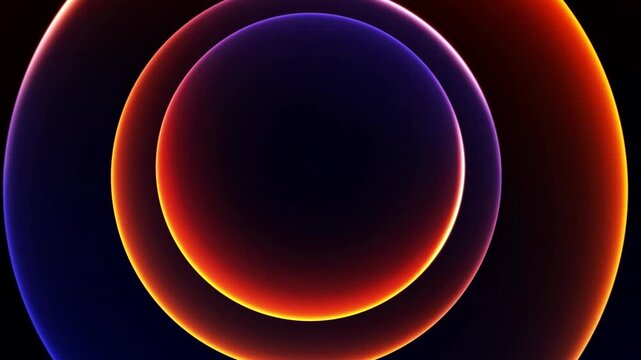 Vibrant glowing circular rings form an abstract pattern featuring a radiant orange border surrounding a deep purple center core