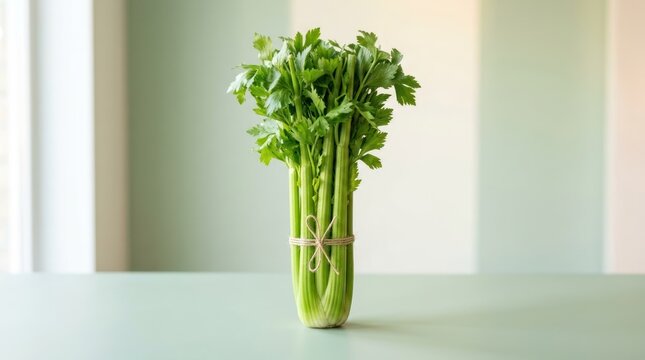 A single celery stalk on a green table with a blurred green background.