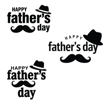 Happy Father's Day Greeting Typography Set with Mustache and Hat Icons in Black Silhouette Style