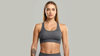 Fototapeta premium Confident young woman in sports bra and athletic wear, ready for a workout or fitness activity, posing against a plain background
