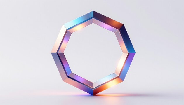 Iridescent metallic octagonal ring floating above a white surface, 3D rendered minimal geometric sculpture with soft studio lighting