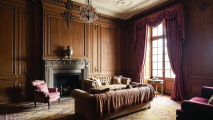 Naklejka premium Luxurious vintage living room with ornate wood paneling, fireplace, chandelier, and plush seating