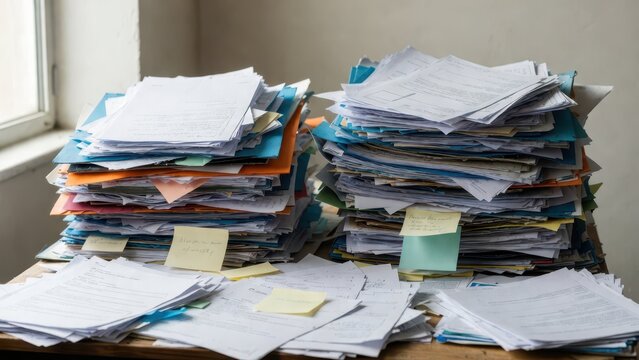 Piles of disorganized paper documents and files stacked high on a desk, clutter and chaos