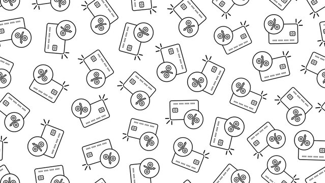Seamless vector pattern featuring a stroke outline style credit or debit card with a percentage symbol for overdraft and banking concepts. Financial backgrounds and business wallpapers.