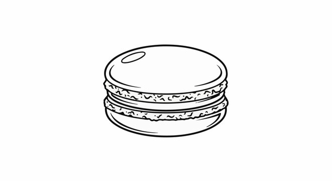 A simple line drawing of a single, two-layered macaron cookie on a white background