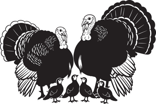 Two large turkeys with two small turkey chicks standing together illustration for Thanksgiving holiday.