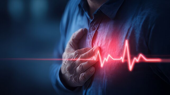 Coronary artery disease, heart attack warning. cardiovascular health issues angina. Patient clutching their chest, symbolizing pain or discomfort. 