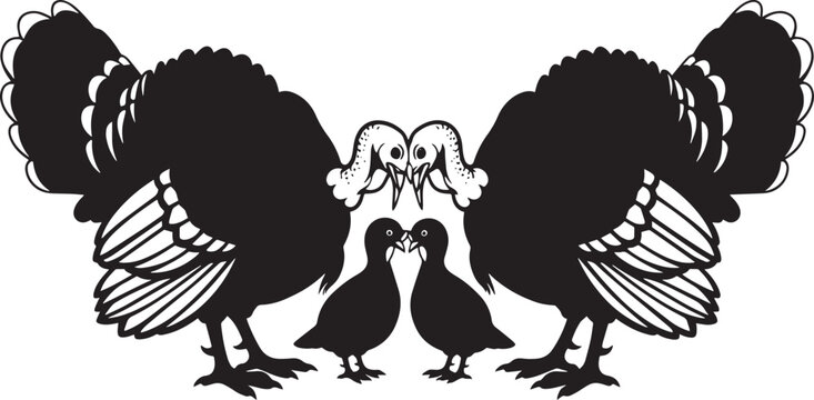 Two male turkeys facing each other with two female turkeys between them, abstract turkey family vector.