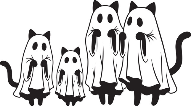 Group of four black cats wearing white ghost sheets with eye cutouts and whiskers for spooky halloween holiday party invitation.