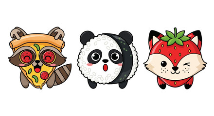 Fototapeta premium Cute cartoon animals eating food illustrations on white background