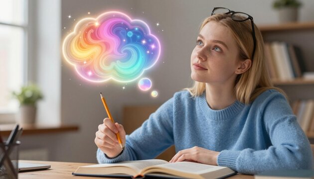 Young adult woman studying at a desk, holding a pencil and imagining a colorful glowing thought cloud symbolizing creativity and ideas