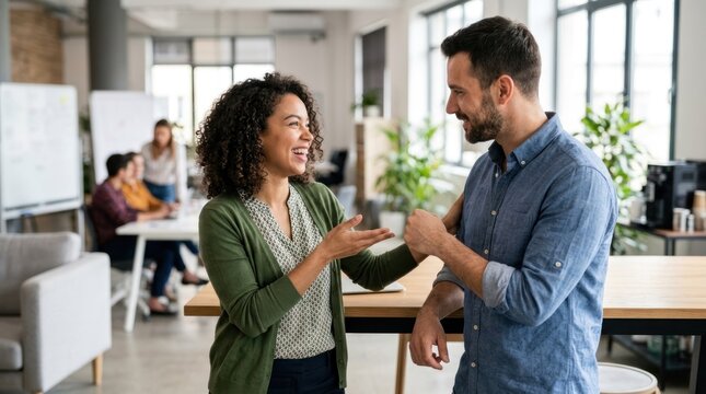 Two people in an office setting, engaged in a conversation.