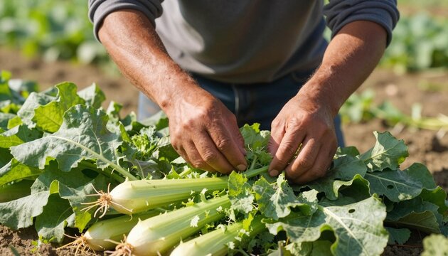 Close-up of hands harvesting fresh stem lettuce (celtuce) with leafy green stems in a sunny vegetable field