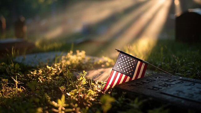 Bendera Amerika Serikat dengan bintang dan garis-garis merah putih melambai tertiup angin di atas rumput pemakaman sebagai simbol patriotisme dan kebebasan nasional di bawah langit biru