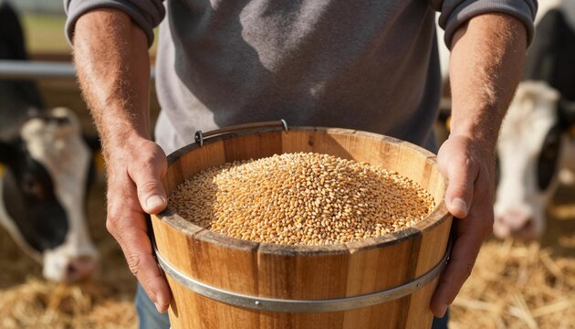 Farmer holding a wooden bucket filled with golden grain in a barnyard with cows in the background