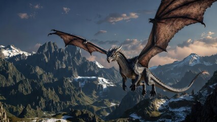 Fototapeta premium Majestic Dragon Flying Over Rugged Mountain Landscape at Dusk