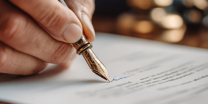 Hand signing a document with a fountain pen, symbolizing agreement, legal approval, and formal business commitment.