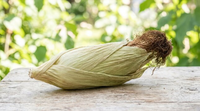 A dried corn cob on a wooden table with a blurred green background.
